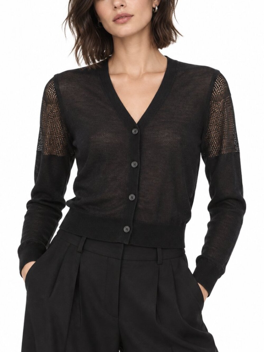 AllSaints Womens Charcoal 100% Cotton V-Neck Cardigan Sheer Mesh Panel Size US 2
